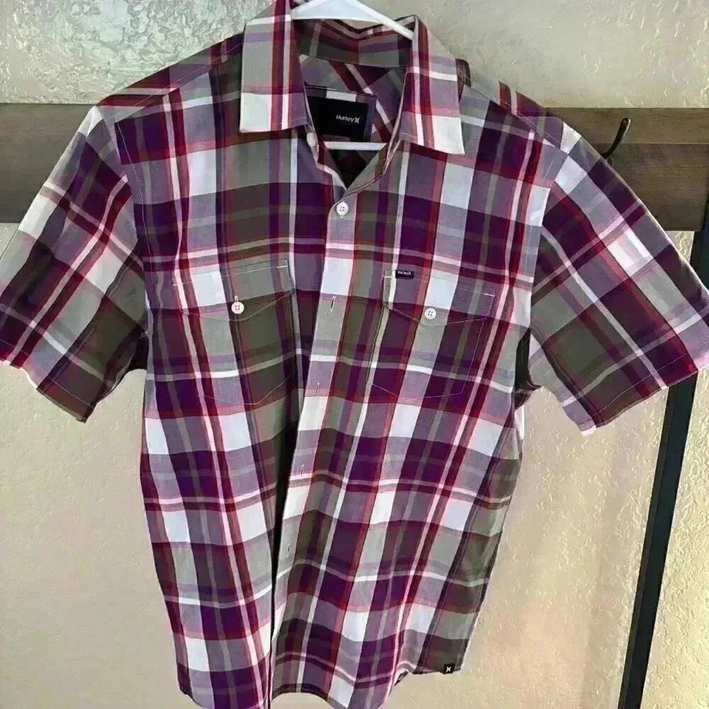 Hurley Men's Purple/Green Plaid Button Down Shirt Size Medium
